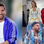 Vestido con imagenes de Lionel Messi lucido por Alina Akselrad en Miss Mundo