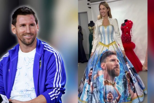 Vestido con imagenes de Lionel Messi lucido por Alina Akselrad en Miss Mundo