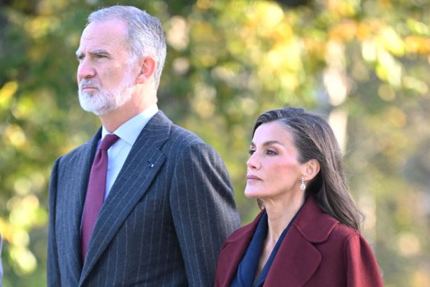 La reina Letizia con abrigo burdeos oversized durante su visita a Finlandia